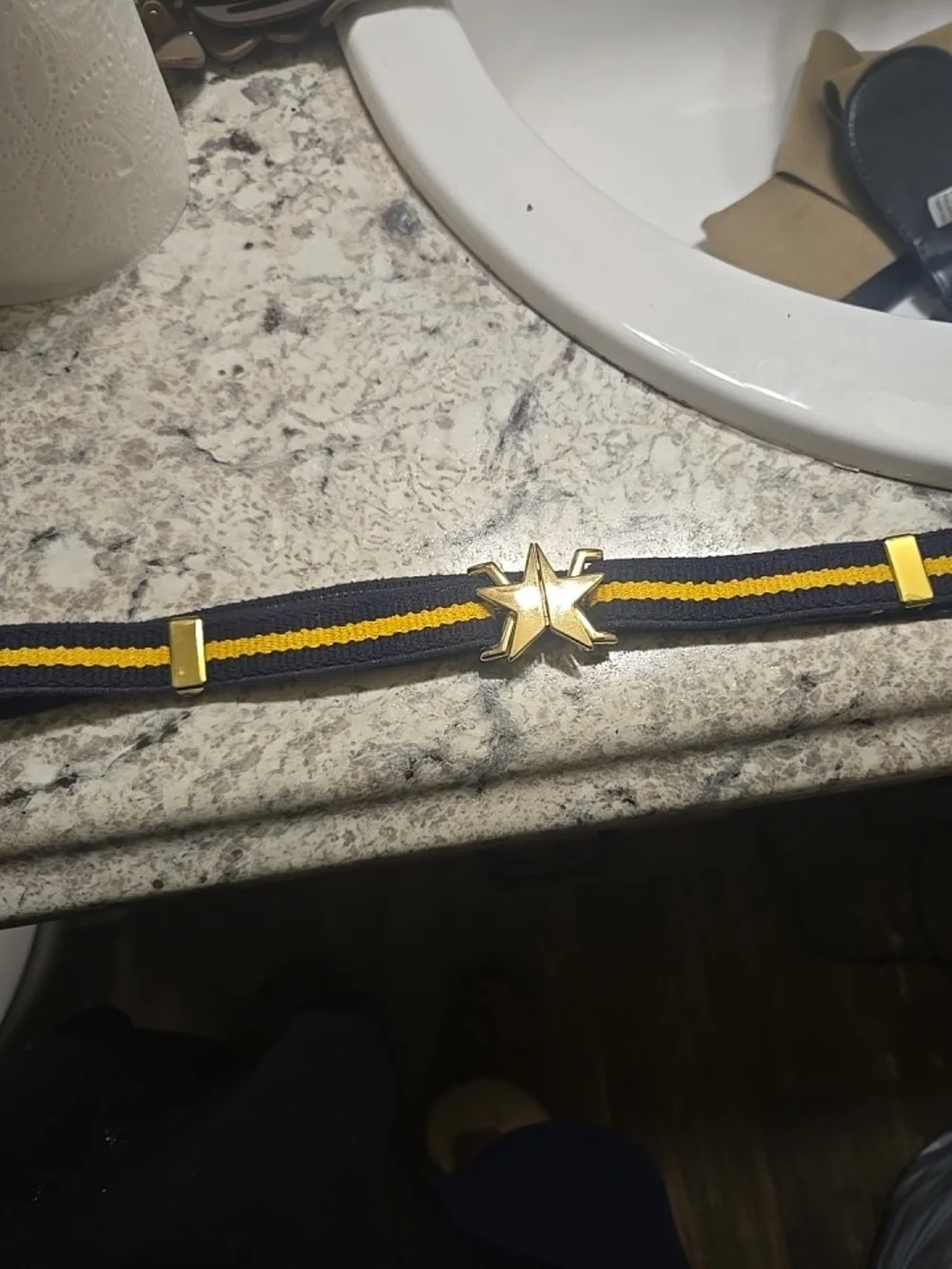 Vintage Gold Star Buckle Navy and Yellow Kids Elastic Belt. Adjustable. 27